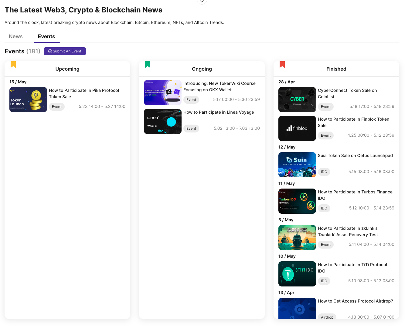 Crypto Calendar Page on TokenInsight